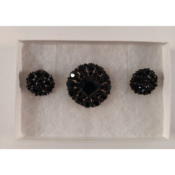Lisner Black Signed Brooch & Clip On Earrings Set Facet Enamel Stones Metal - Picture 1 of 12